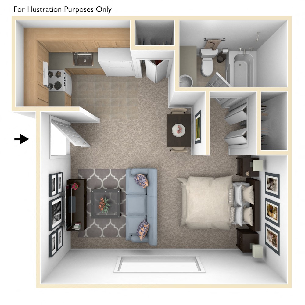 Studio Floor Plan at Seville Apartments, Kalamazoo