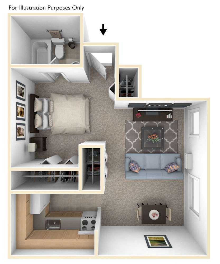 Studio Floor Plan at Old Farm Apartments, Elkhart, IN, 46517