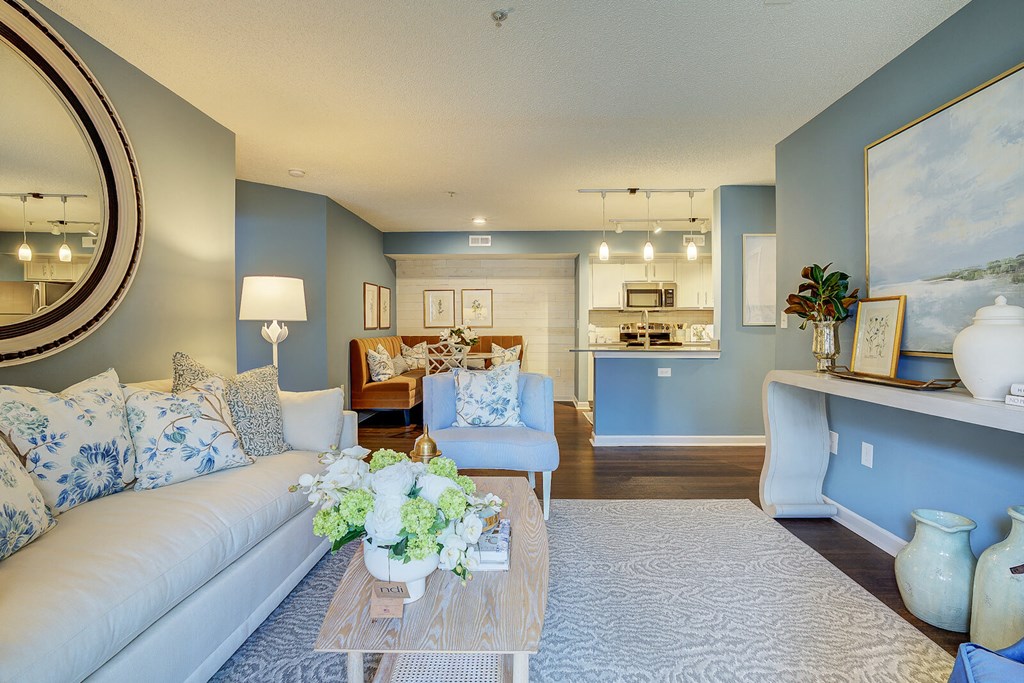 Model Living Room and Kitchen at Sunscape Apartments, Roanoke