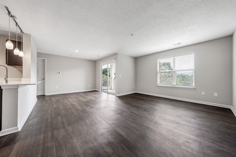 A spacious room with wood flooring and a fireplace on the left side. at Sunscape Apartments, Virginia