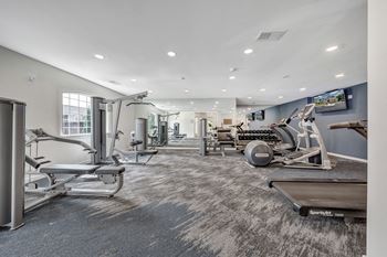 A spacious gym with a variety of equipment including treadmills, stationary bikes, and weight machines. at Sunscape Apartments, Virginia, 24018