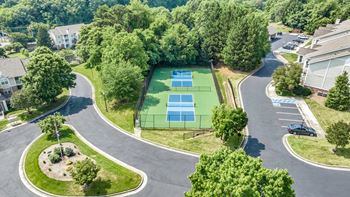 A pickleball court is surrounded by trees and a road. at Sunscape Apartments, Roanoke, 24018