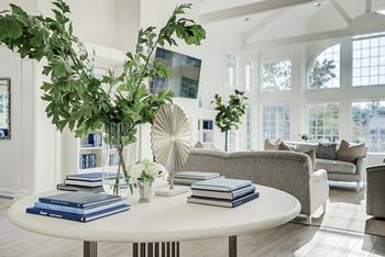 A living room with a white table and a plant on it. at Sunscape Apartments, Roanoke