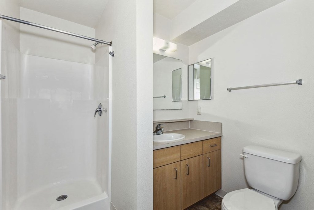 a bathroom with a shower, toilet, sink and mirror at Tall Oaks Apartment Homes, Kalamazoo, 49009
