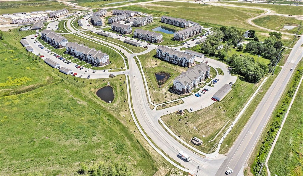 an aerial view of an apartment community at Trade Winds Apartment Homes in Elkhorn, NE 68022