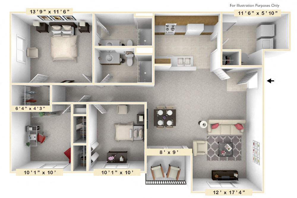 The Admiral - 3 BR 2 BA Floor Plan at Scarborough Lake Apartments, Indianapolis