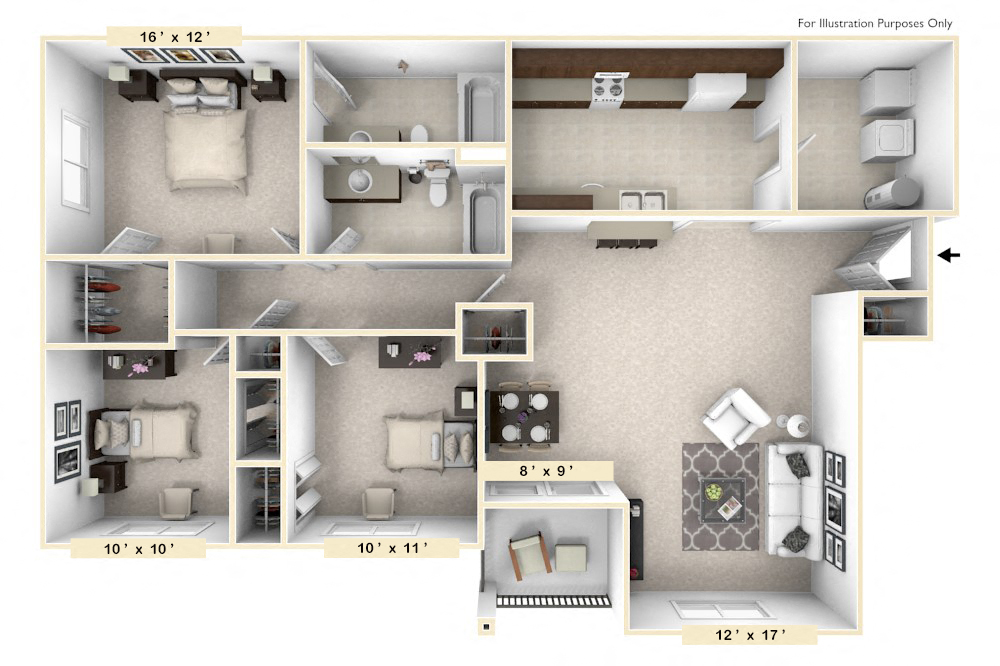The Belgian - 3 BR 2 BA Floor Plan at Polo Run Apartments, Greenwood, 46142