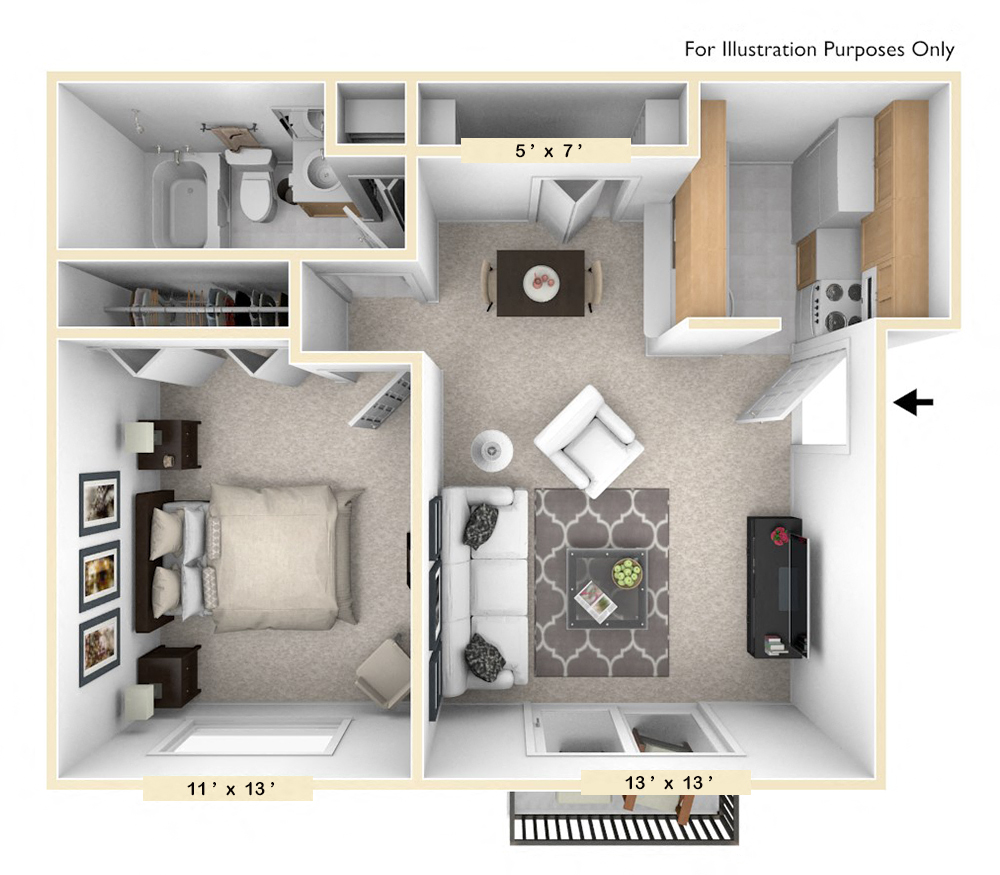 The Quail Run - 1 BR 1 BA Floor Plan at Pheasant Run, Indiana, 47909