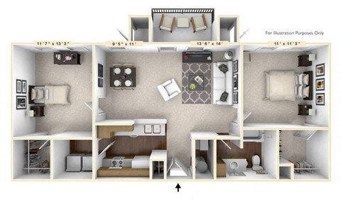 The Winchester - 2 BR 1 BA Floor Plan at Brickshire Apartments, Merrillville