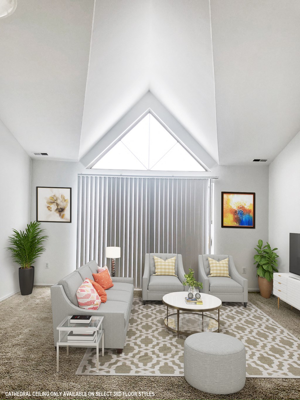 Lily Layout Third Floor Living Room with Cathedral Ceiling at The Harbours Apartments, Clinton Twp, MI 48038