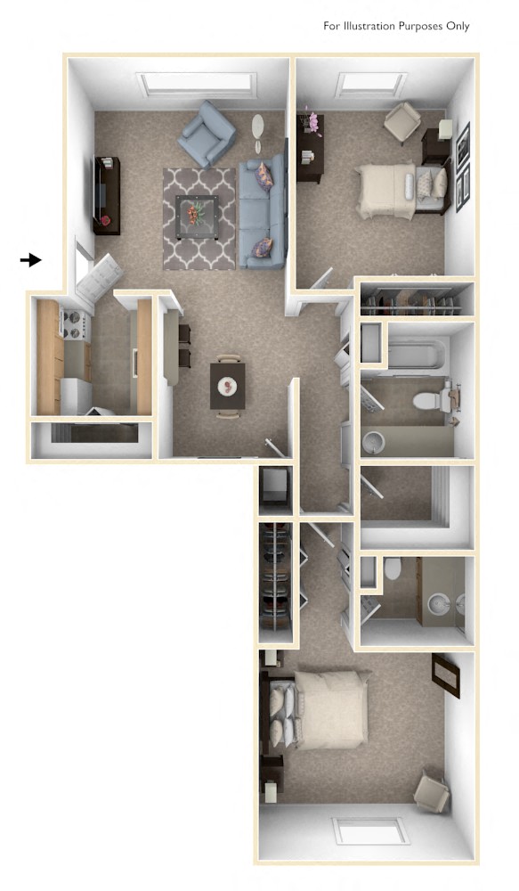 2 Bed 3D Floor Plan at Trappers Cove Apartments, Lansing, MI