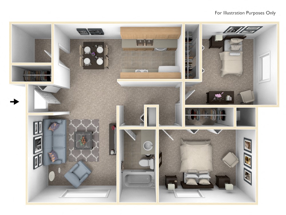 Two Bedroom Seville Floor Plan at Trappers Cove Apartments, Lansing, MI, 48910