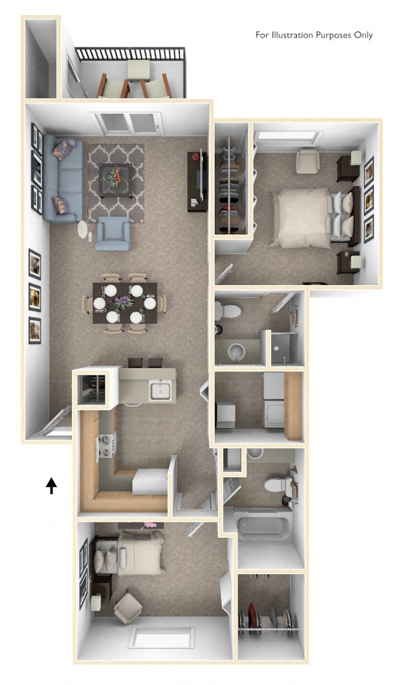 Two Bedroom Two Bath Floorplan at Huntington Cove Apartments, Merrillville, Indiana