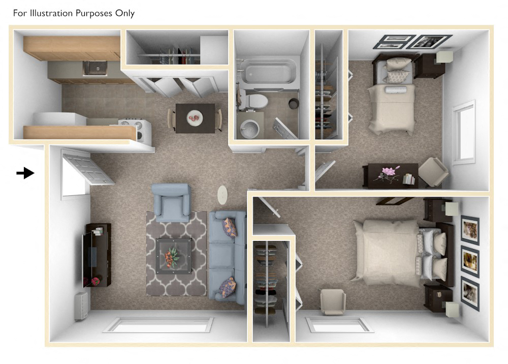 Two Bedroom One Bath Floor Plan at Wingate Apartments, Kentwood, MI, 49512