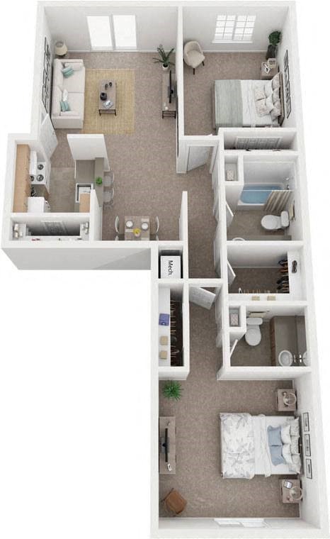 Two Bedroom Walk-thru Floor Plan at Irish Hills Apartments, South Bend, IN