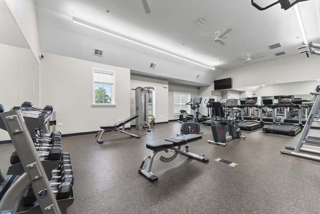 A spacious gym with a variety of equipment including treadmills, weights, and exercise machines.