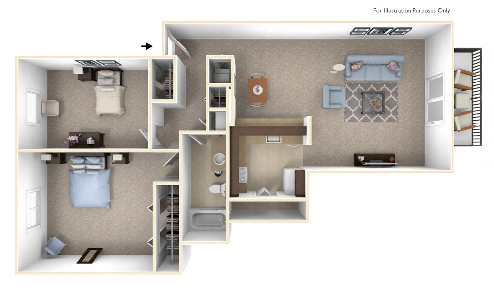 2-Bed/1-Bath, Violet Floor Plan at The Landings, Westland, MI, 48185