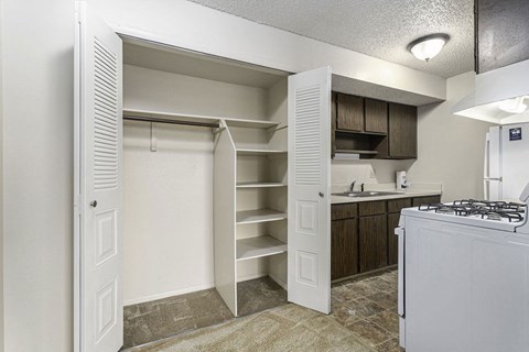 a kitchen with a closet and a stove and a sink