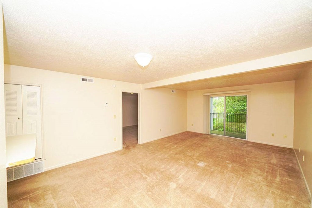 living room and dining room with plush carpeting