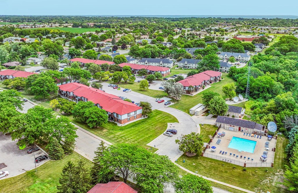 Aerial View of Community and Pool at Wood Creek Apartments, Kenosha