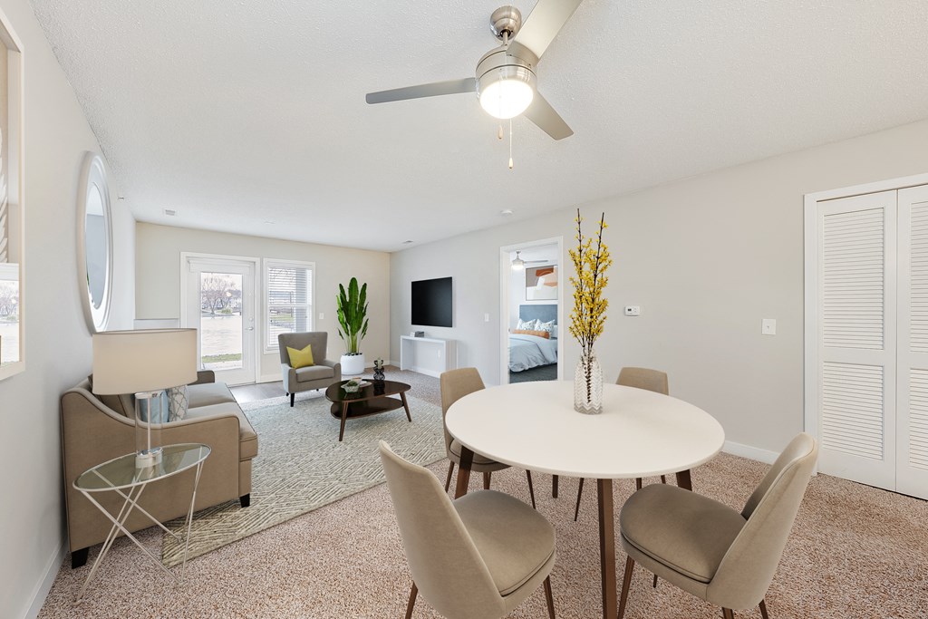 Dining Area with Living Room Views at Waterfront Apartments, VA Beach