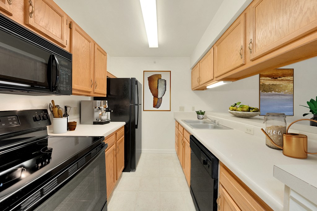 Fully Equipped Kitchen with Black Appliances at Waterfront Apartments, VA 23453