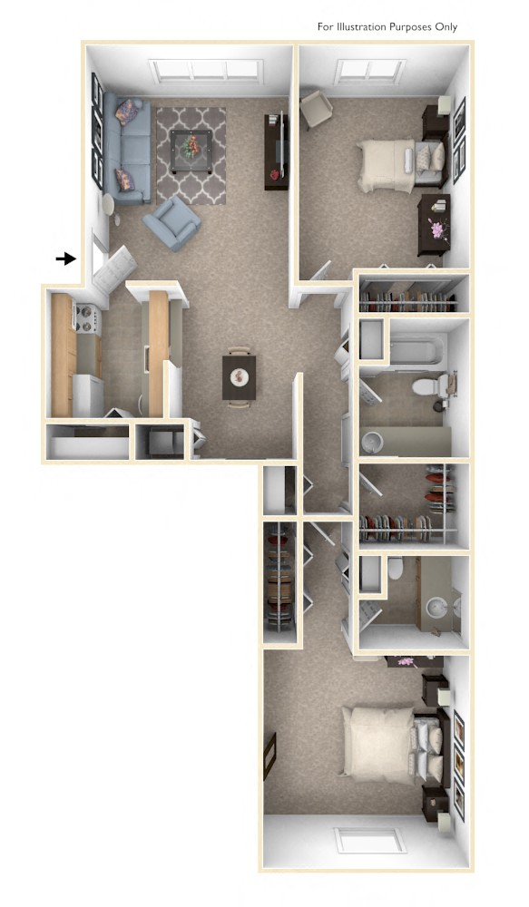 2 Bed 1 Bath Walk-thru Two Bedroom Floor Plan at Old Monterey Apartments, Springfield, MO