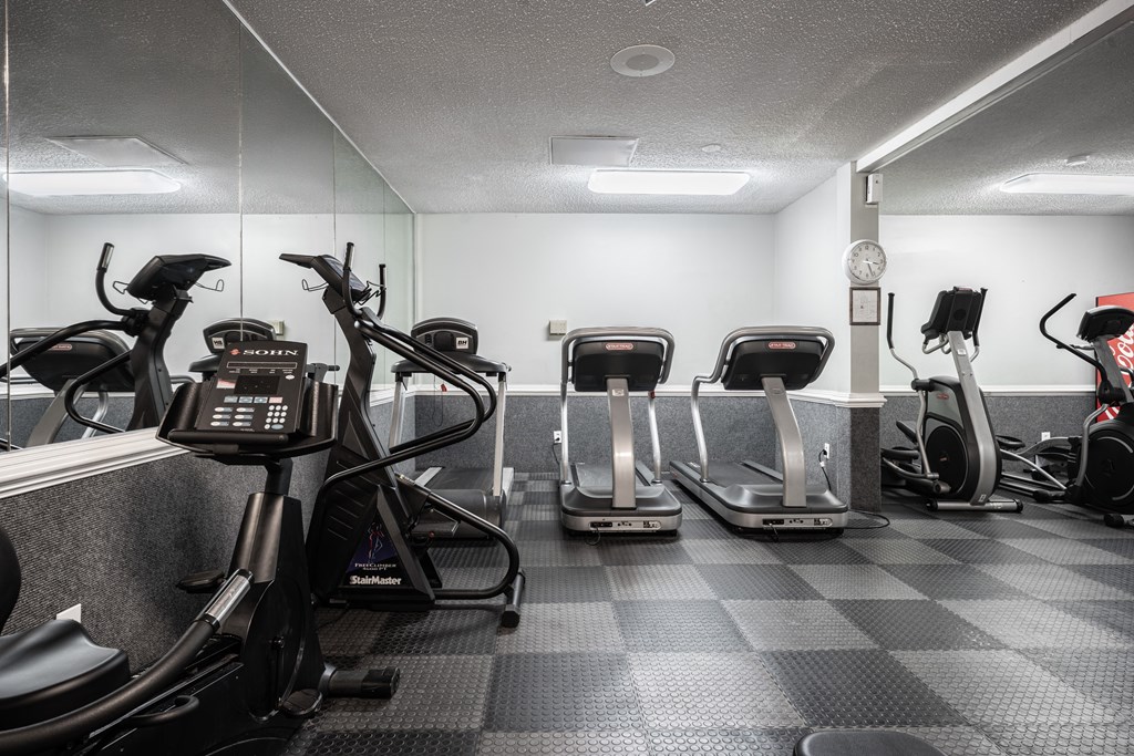 A gym with treadmills, elliptical machines, and a weight machine.