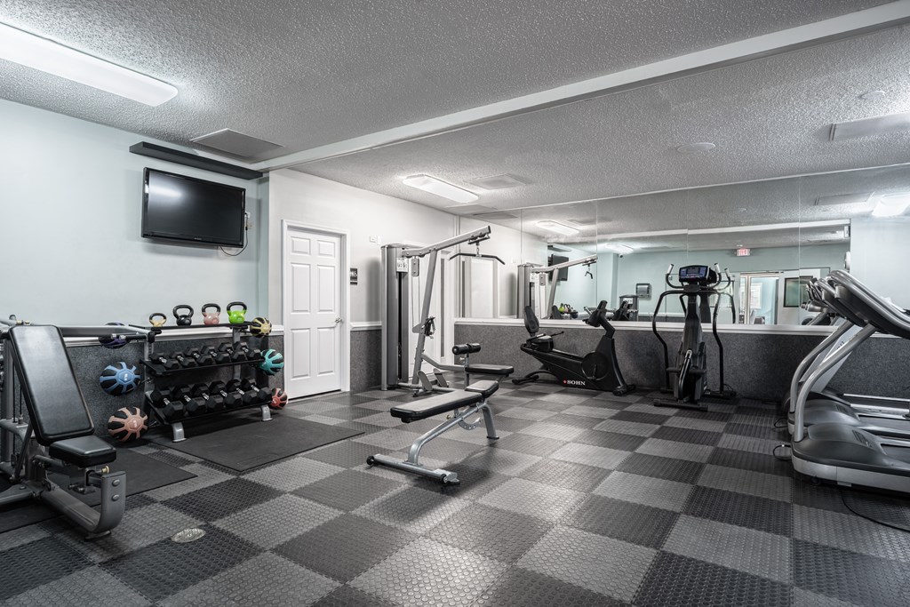 A well-equipped gym with a variety of exercise machines and weights.