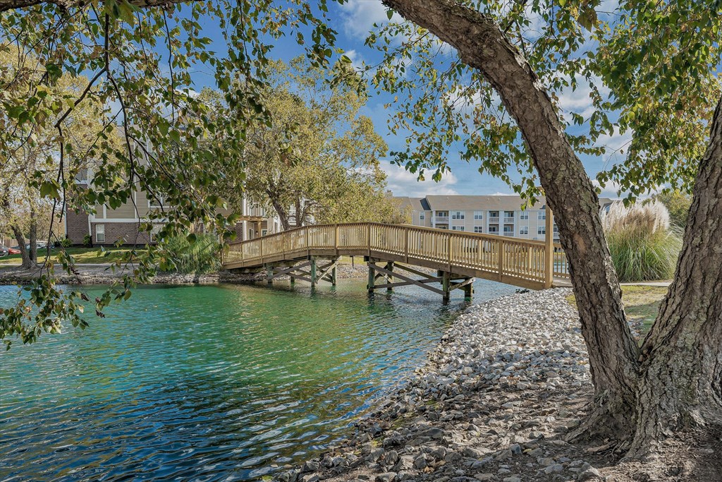 View of the lake with a bridge at WaterFront Apartments, Virginia Beach, VA, Virginia