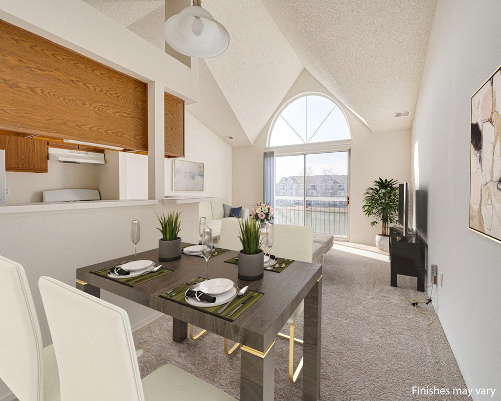 Winterberry Layout Dining Area with Living Room View at The Harbours Apartments, Clinton Twp, MI