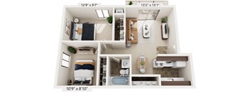 Standard Two Bedroom 3D Floor Plan at Apple Ridge Apartments, Michigan