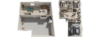 Two bedroom ranch 3D floor plan at Autumn Lakes Apartments and Townhomes, Mishawaka, 46544
