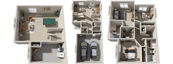 Three bedroom two-story 3D floor plan at Autumn Lakes Apartments and Townhomes, Mishawaka