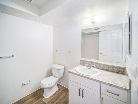 an upgraded bathroom with hard surface flooring at Black Sand Apartment Homes in Lincoln, NE
