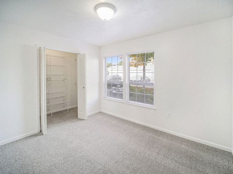 an upgraded bedroom with a walk in closet and a window at Black Sand Apartment Homes in Lincoln, NE