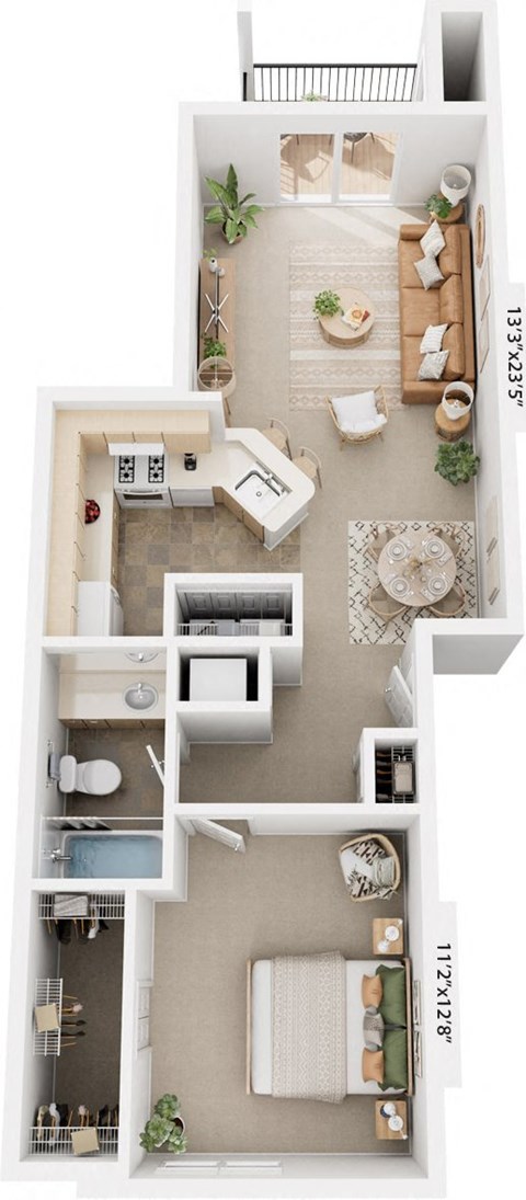One Bedroom 3D Floor Plan at Brentwood Park Apartments, Nebraska, 68128