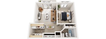 One Bedroom 3D Floor Plan at Brookside Apartments, Michigan, 49037