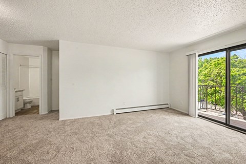 A large empty room with a carpeted floor and a window overlooking a balcony.