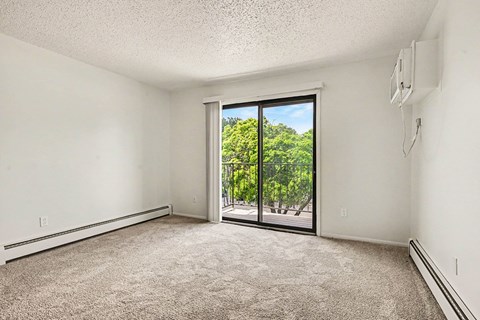 A room with a carpet floor and a sliding glass door leading to a lush green outdoor area.