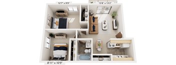 Two Bedroom 3D Floor Plan at Brookside Apartments, Springfield, MI, 49037