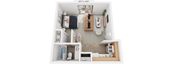 Studio 3D Floor Plan at Brookside Apartments, Michigan