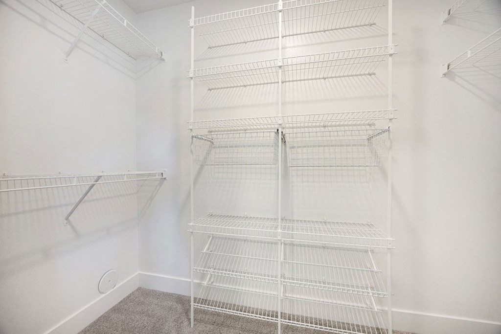 a walk in closet with wardrobe organizers  at Byron Lakes Apartments, Byron Center, MI, 49315