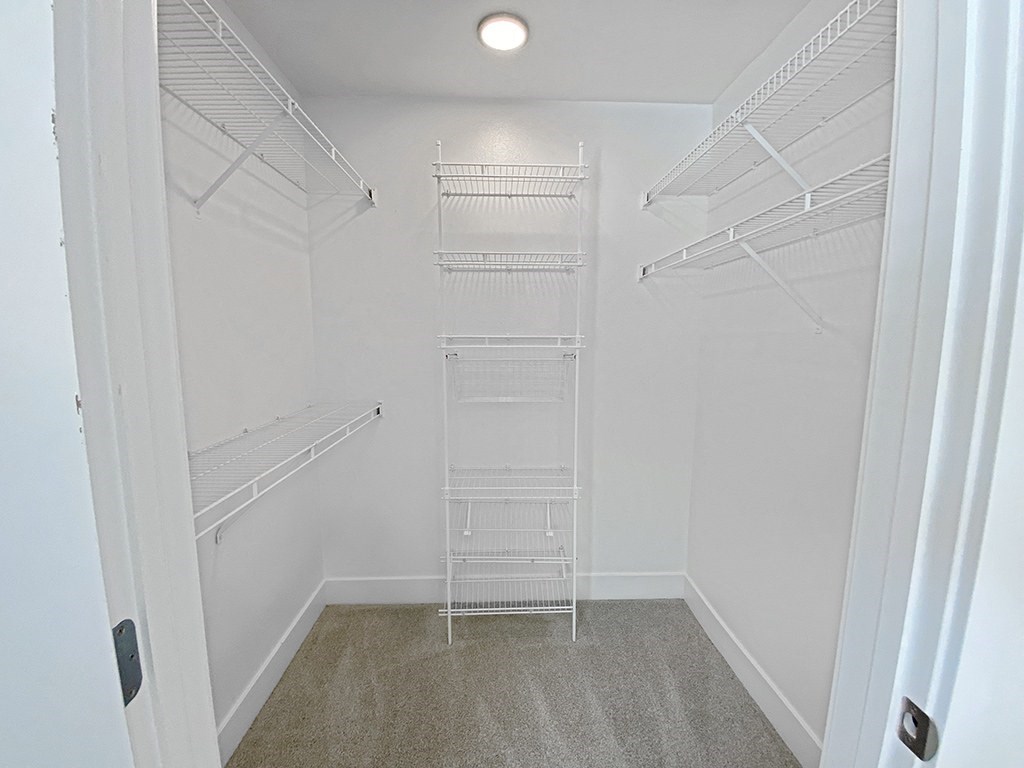 walk in closet with wardrobe organizers at Byron Lakes Apartments in Byron Center, MI