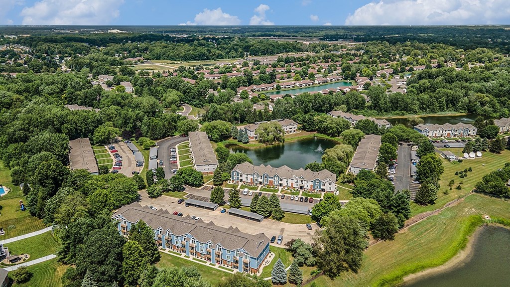 A drone community view at Byron Lakes Apartments, Byron Center, MI