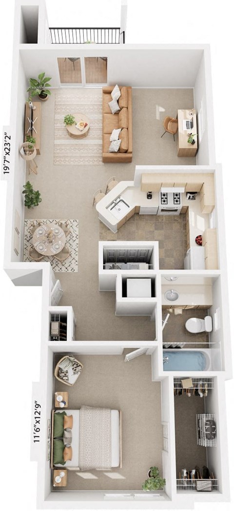 One Bedroom End 3D Floor Plan at Canal 2 Apartments, Lansing, Michigan