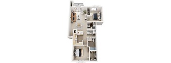 Two Bedroom Two Bath 3D Floor Plan at Canal Club Apartments, Lansing, Michigan