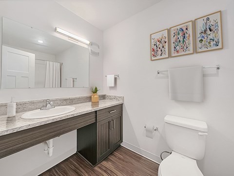 A bathroom with a toilet, sink, mirror, and pictures on the wall at Chase Creek Apartment Homes, Huntsville, AL, 35811