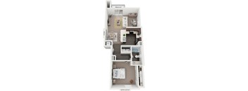 A 3D one bedroom end floor plan at Chase Creek Apartment Homes in Huntsville, AL