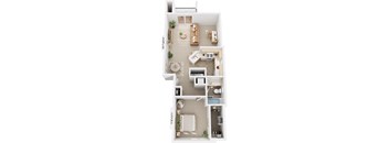 One Bedroom One Bath End 3D floor plan at Colonial Pointe at Fairview Apartments, Nebraska